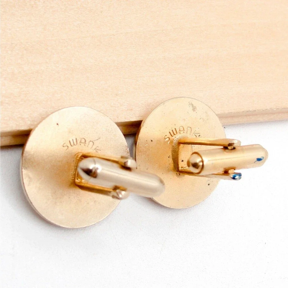 Vintage Swank Blue Enamel Cufflinks Gold Tone Round Circle MCM Formal Wedding
